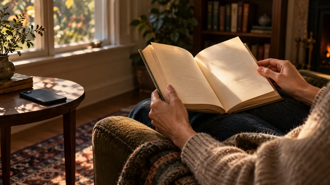 Hands hold an open book in window light while a phone lies face-down on a nearby table.
