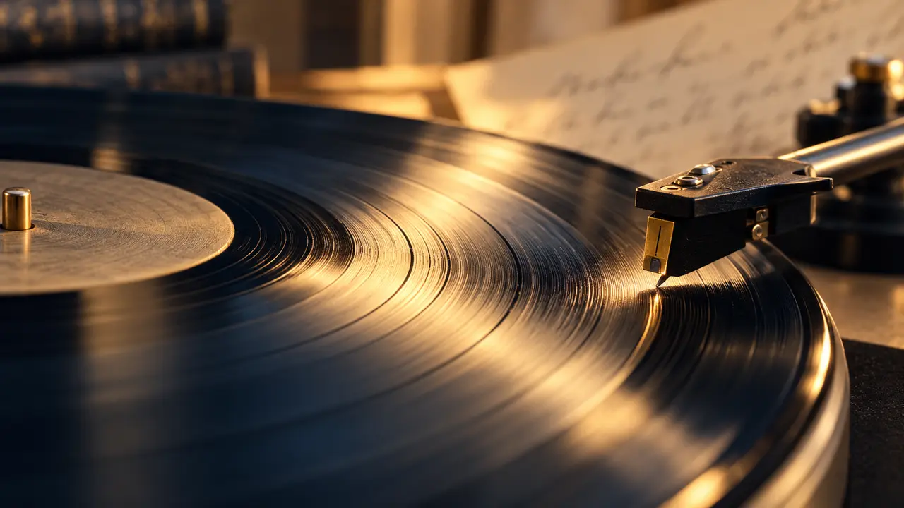 A record-player stylus rests on dark vinyl grooves lit by a warm beam of light.