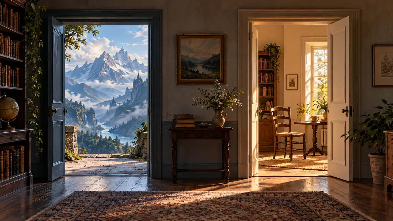 Two doorways open onto a blue mountain landscape and a warmly lit room.