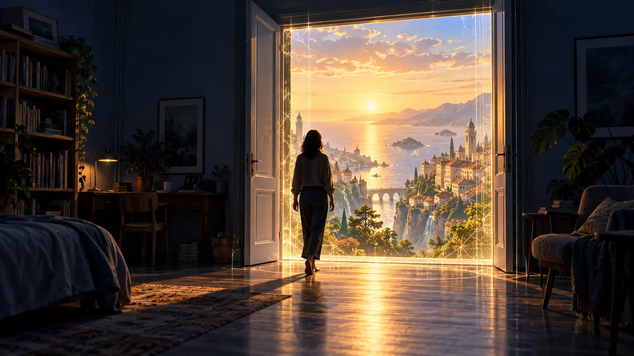 A person walks from a dim room toward a sunlit imagined city through a glowing doorway.