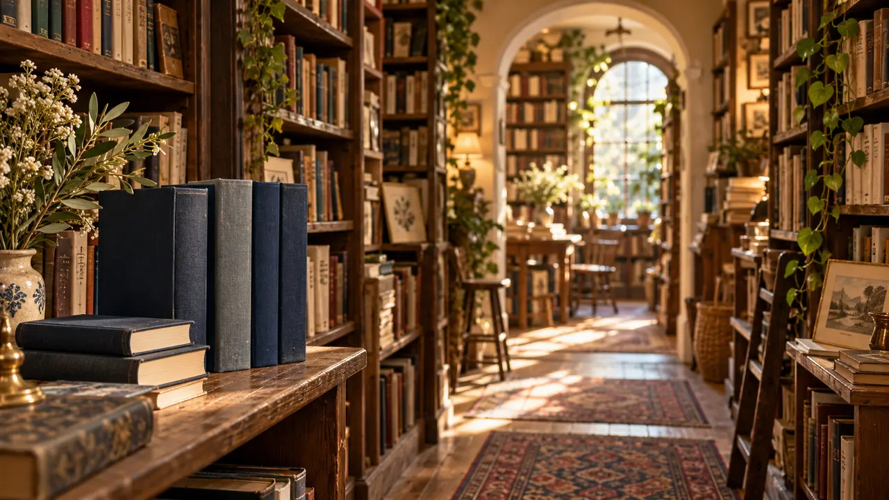 Warm sunlight falls on clothbound books beside an inviting bookshop aisle.