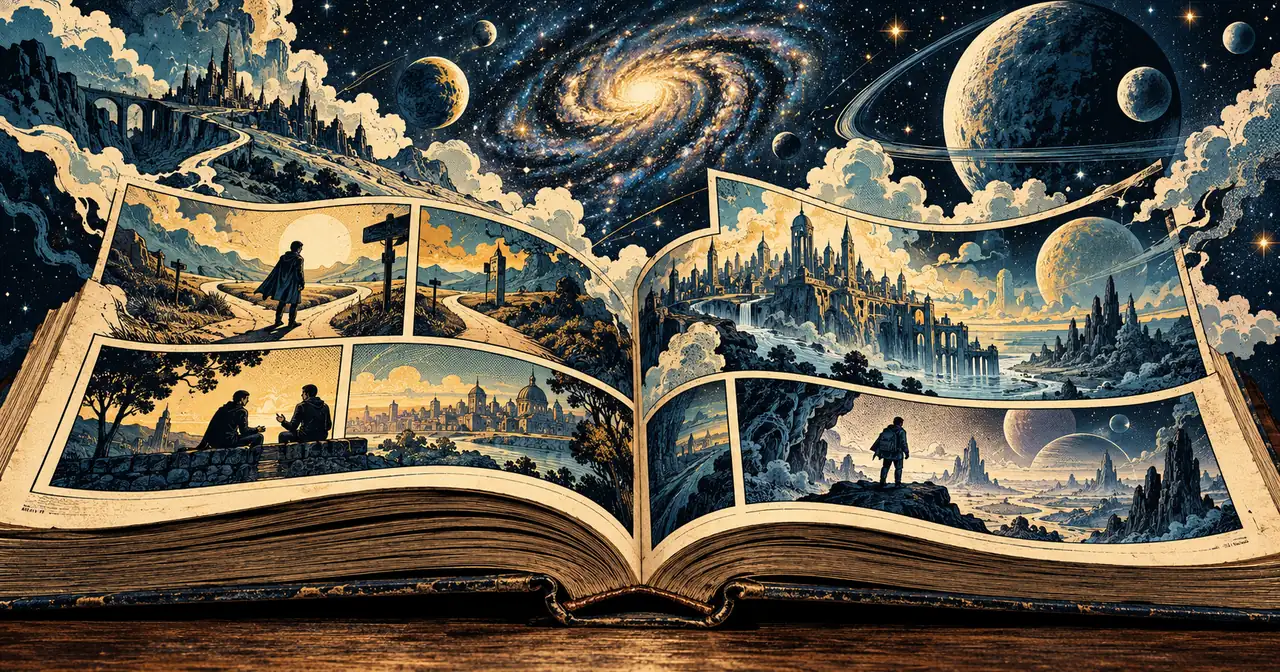 An open comic book’s illustrated panels unfold into a star-filled universe, with small figures at a crossroads, a conversation, imagined cities and distant planets.