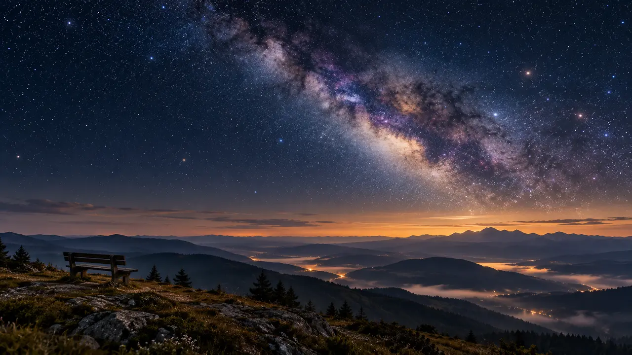 An empty bench on a dark hillside faces the Milky Way above distant hills.