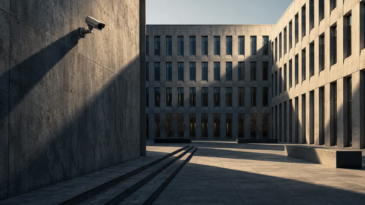A security camera overlooks a stark concrete courtyard patterned with windows and long shadows.