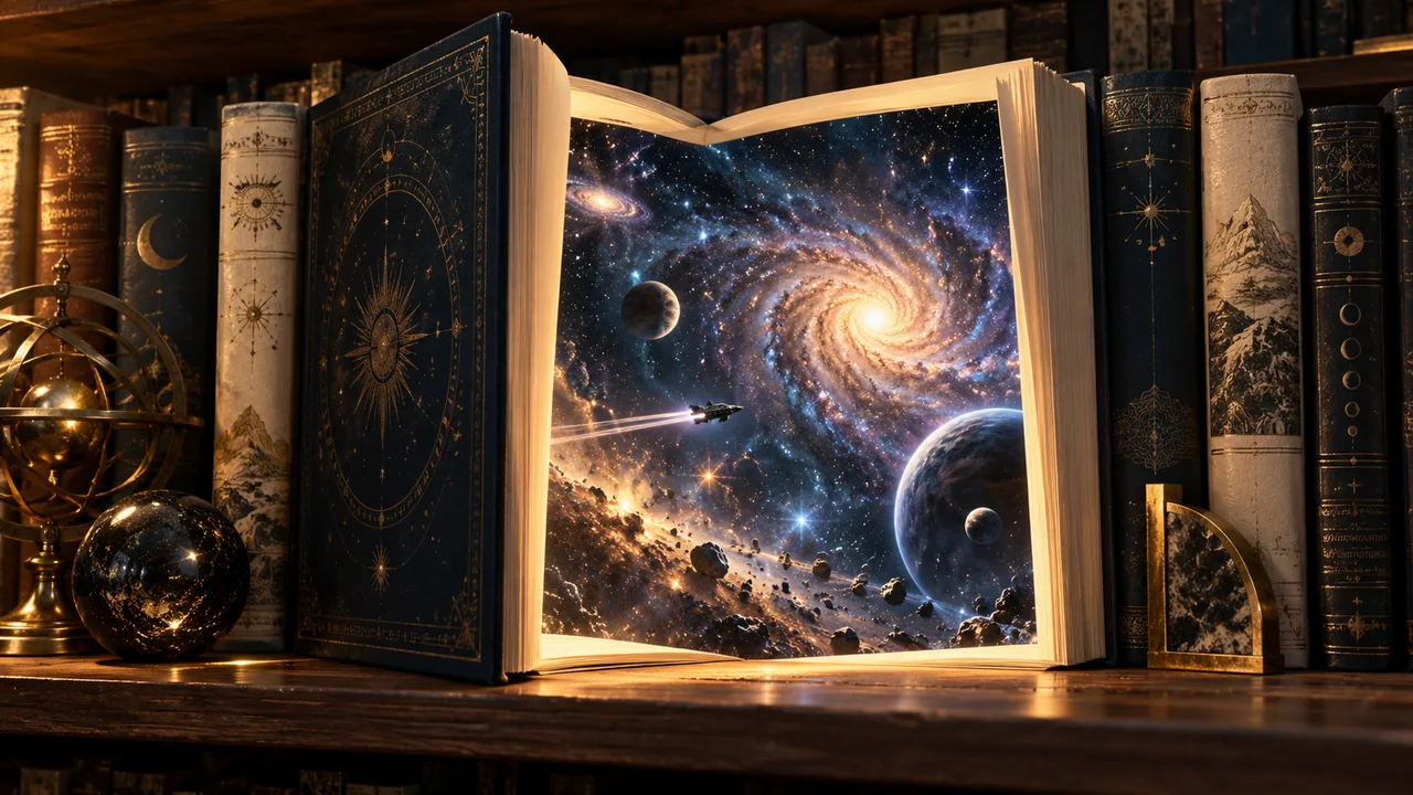 A partly open hardcover on a warmly lit bookshelf reveals a vast galaxy, planets and a small spacecraft between its pages, surrounded by navy and cream books.