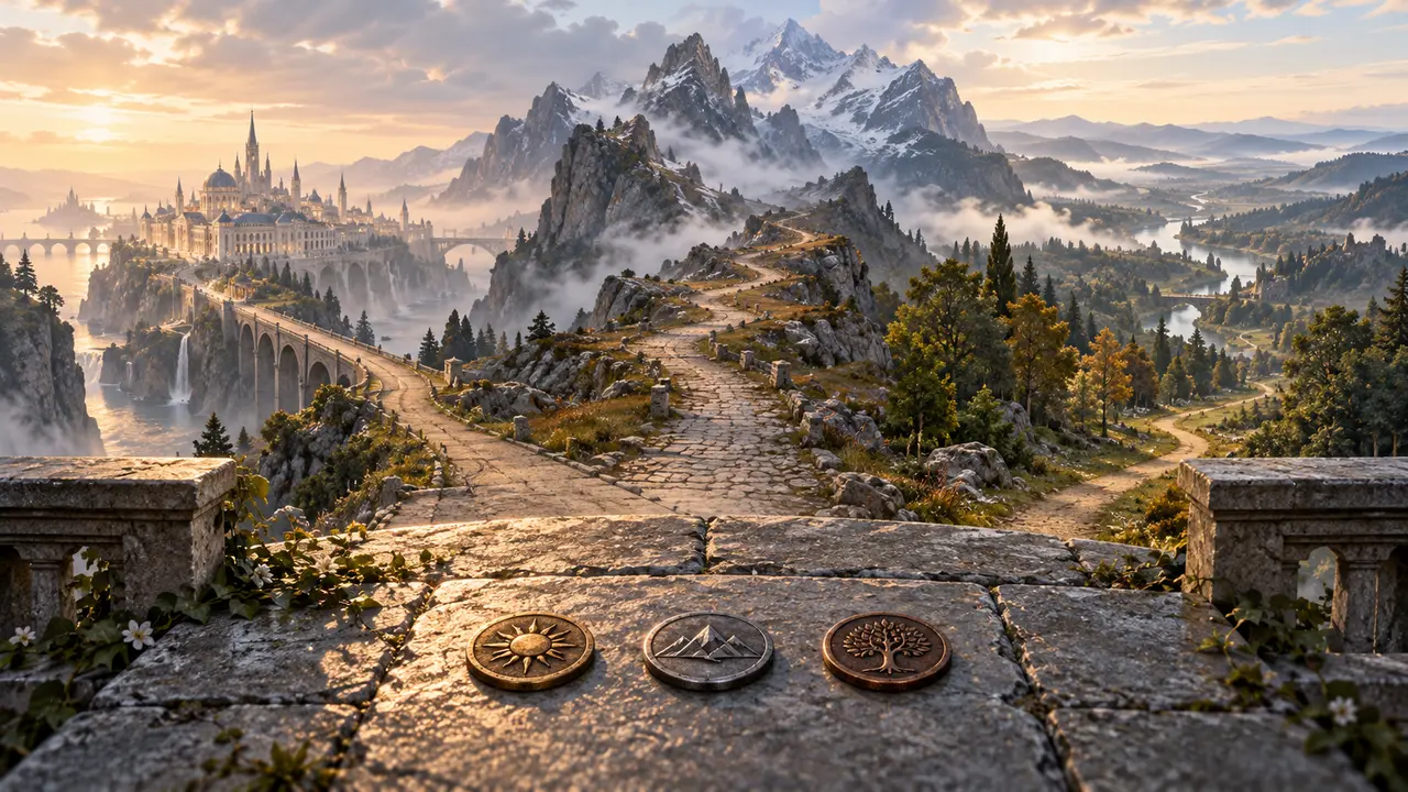 Three paths lead from a stone terrace toward a misty city, mountains and a wooded valley.