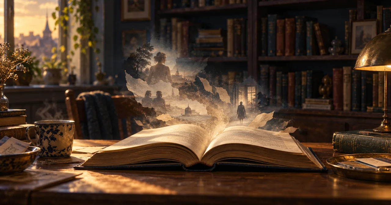 An open book rests on a wooden desk in a warmly lit reading room, with faint silhouettes and hazy scenes rising from its pages in front of shelves of novels.