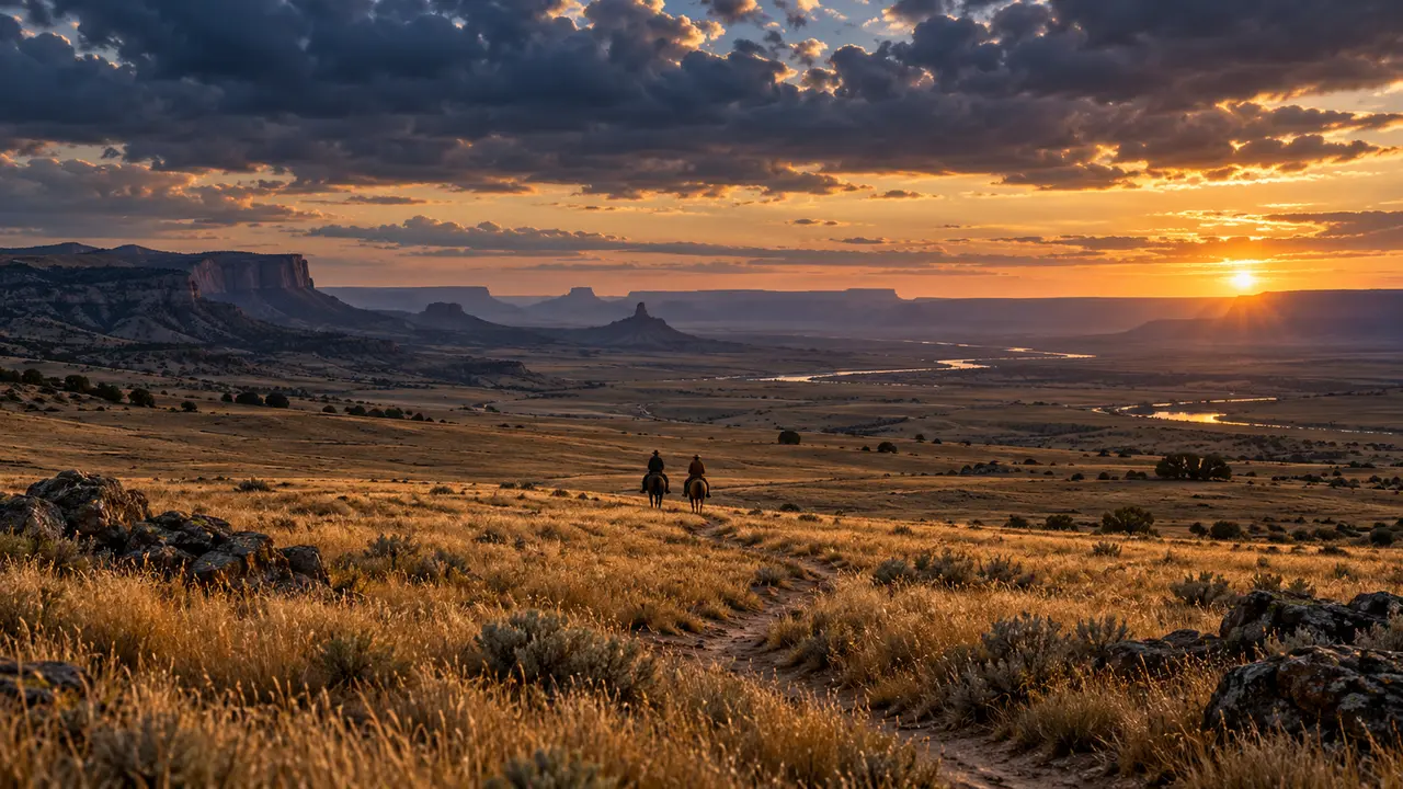 Two distant riders follow a trail across a vast golden prairie beneath a dramatic evening sky.