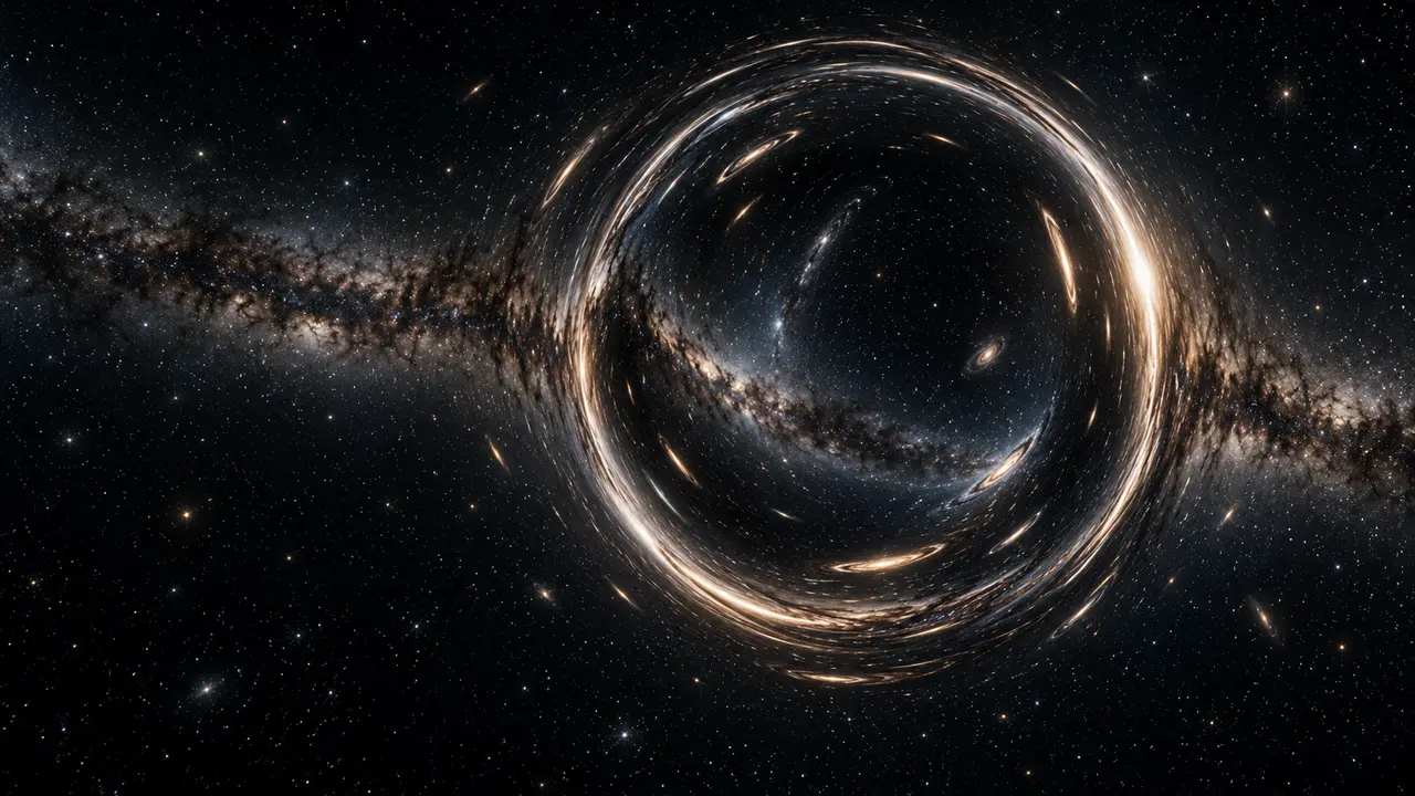 A spherical imagined wormhole distorts a distant starfield into curved bands of light.