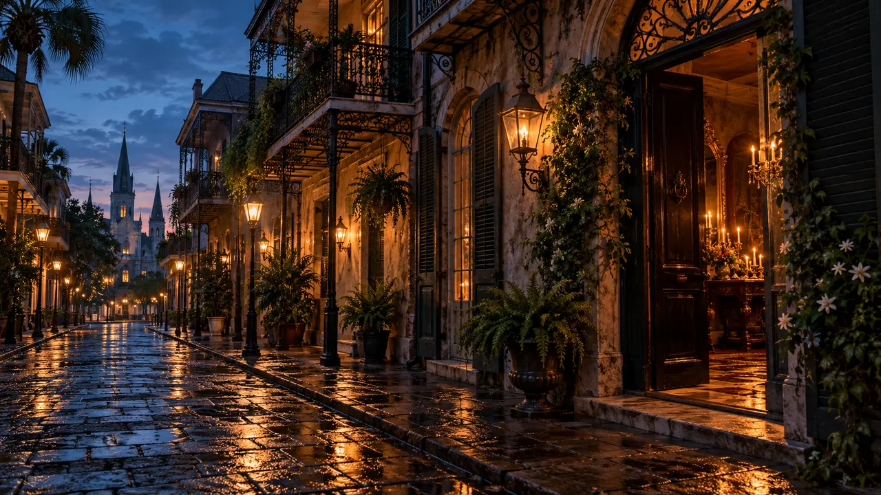 Lamplit balconies and a partly open doorway line a quiet old street at dusk.