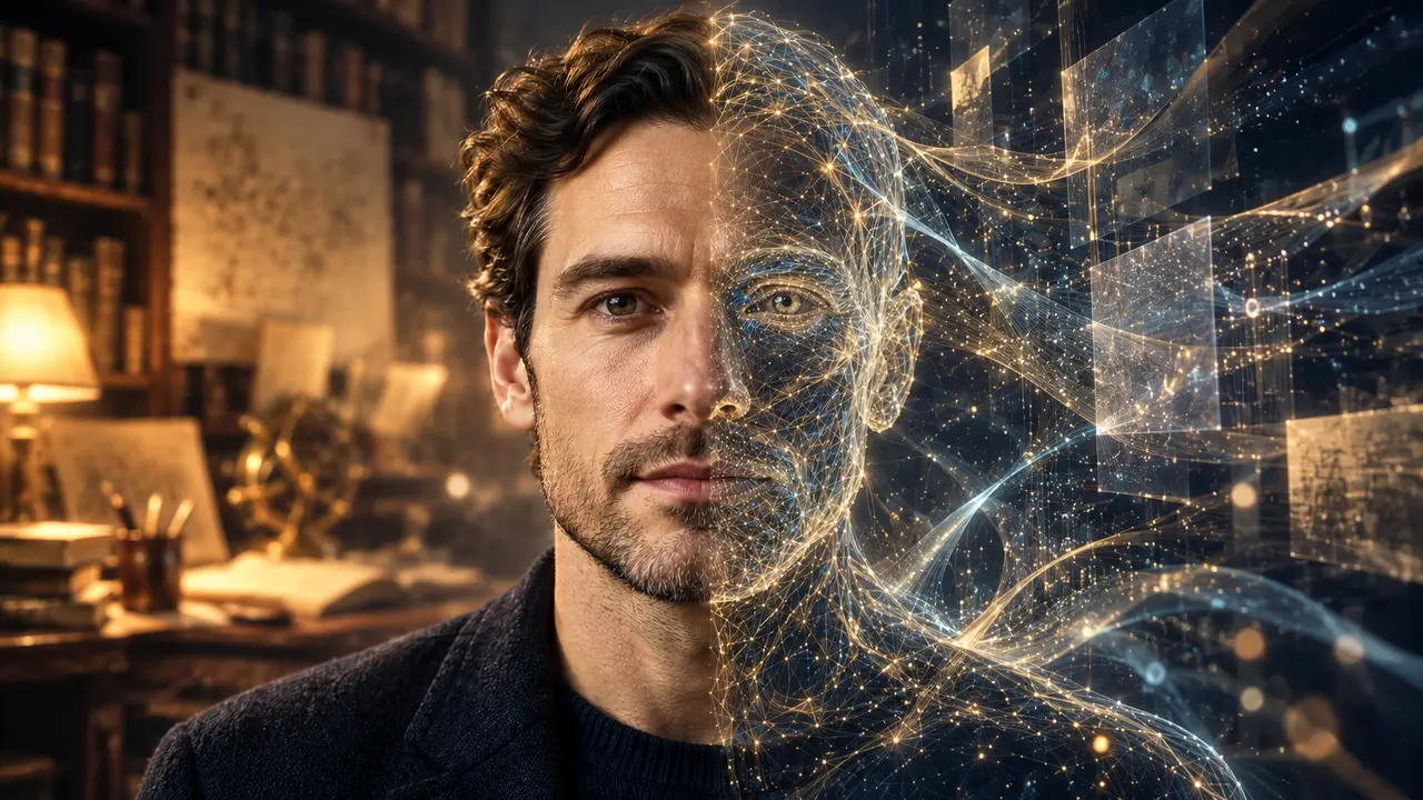 A male portrait blends a human face with intricate translucent digital networks, against a writing room and abstract information layers.