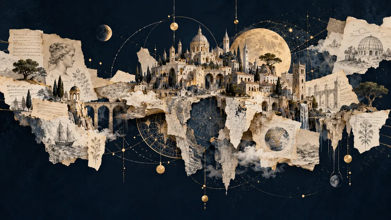Paper fragments, architectural sketches and astronomical lines converge into a delicate imagined city.