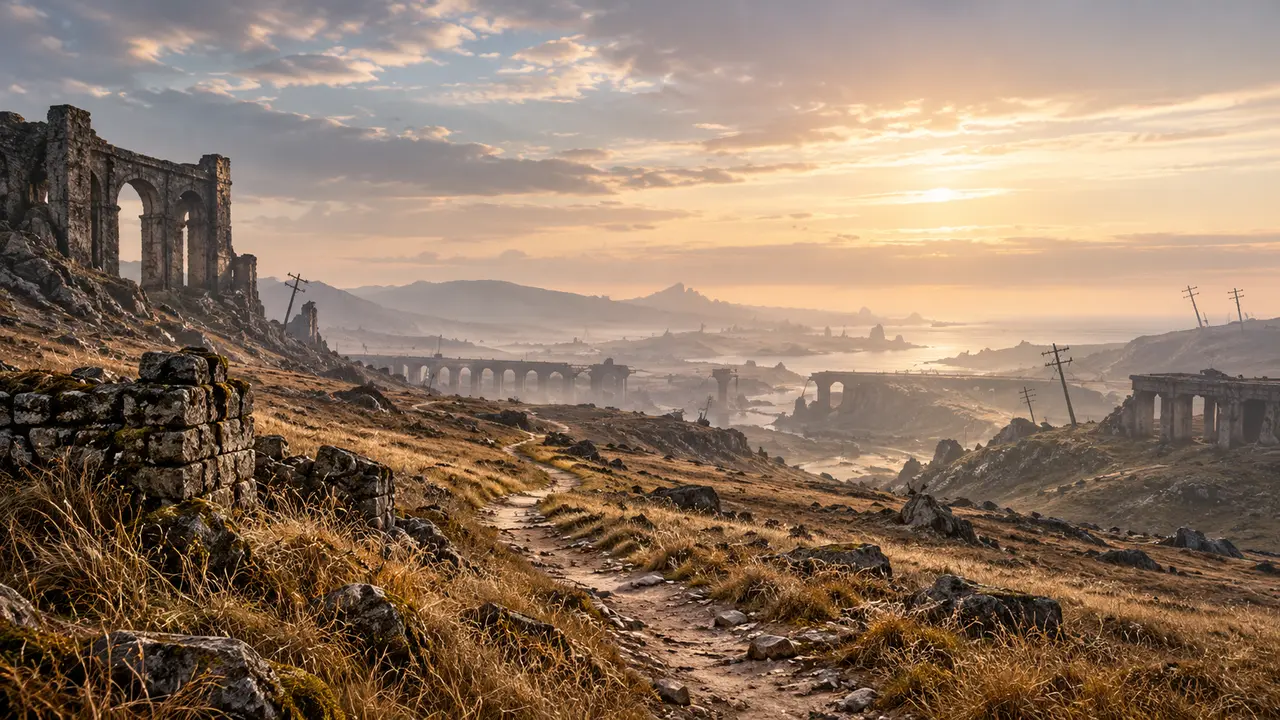 A lonely path crosses an eroded landscape past abandoned structures beneath a hazy sky.