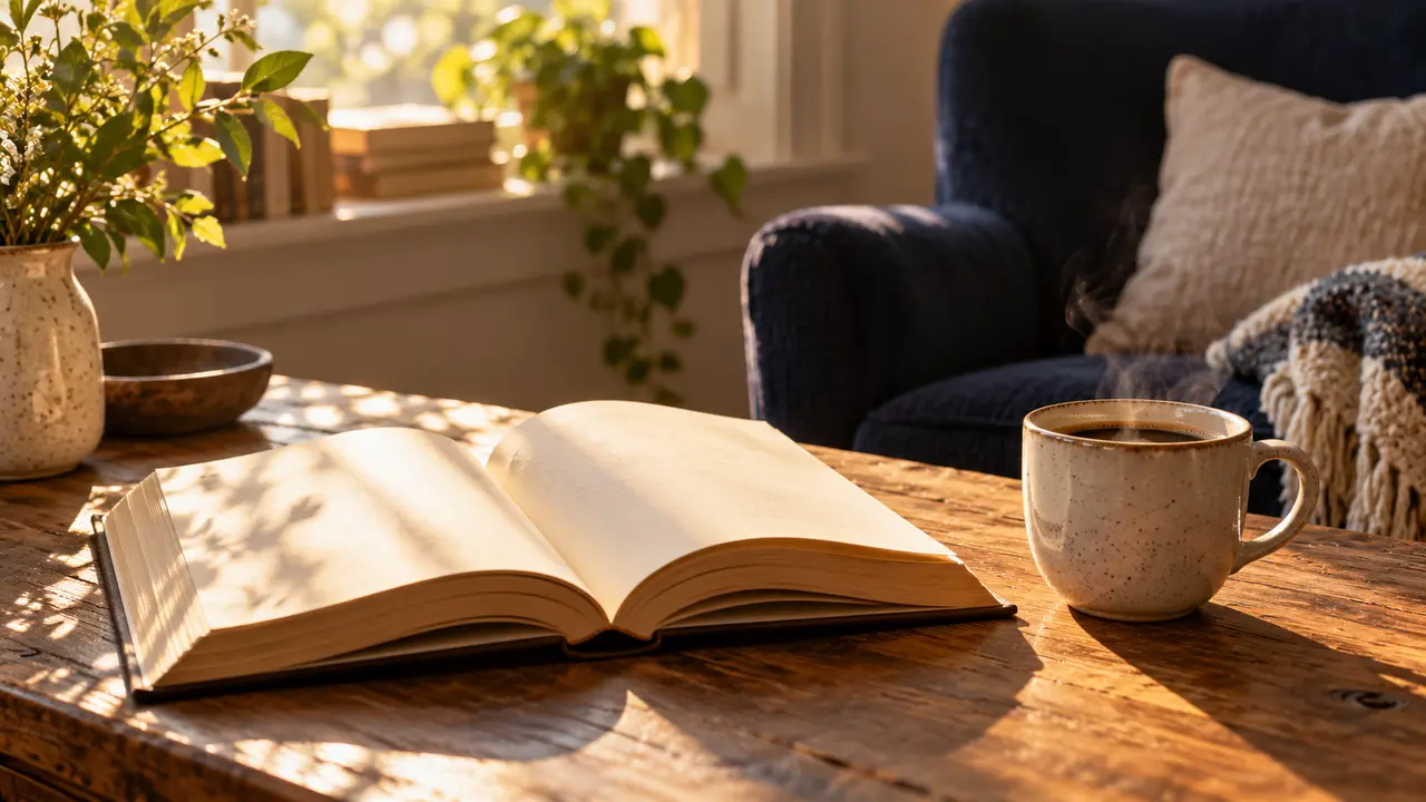 An open book and ceramic coffee cup in warm morning light on a wooden table.