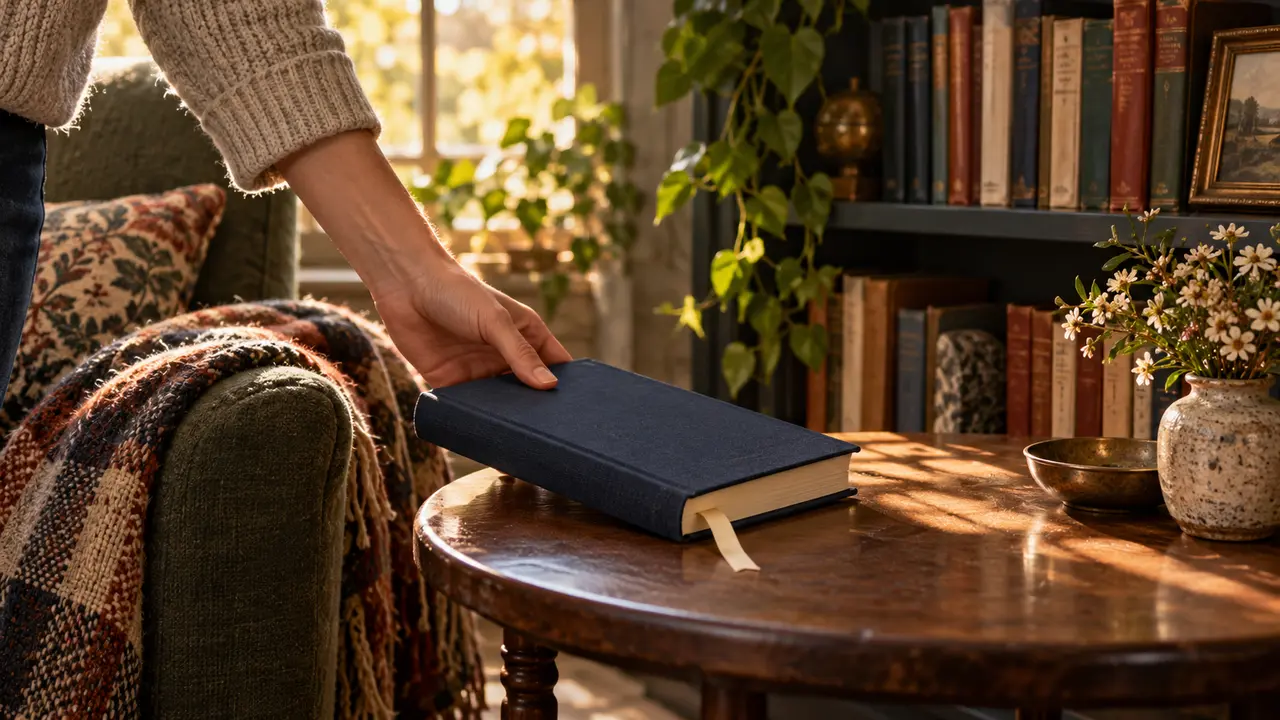 A hand sets down a bookmarked book beside a shelf of other books.