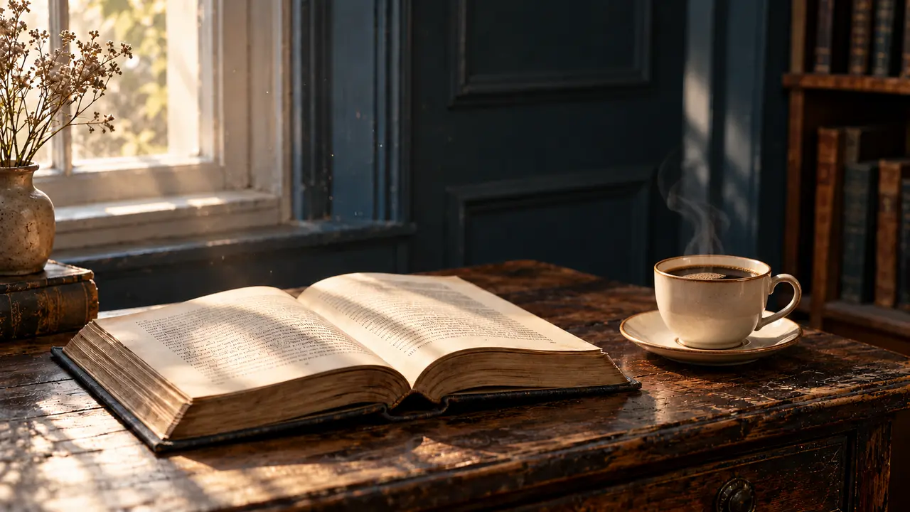 An open old book and a steaming cup of coffee rest on a worn wooden desk in warm window light.