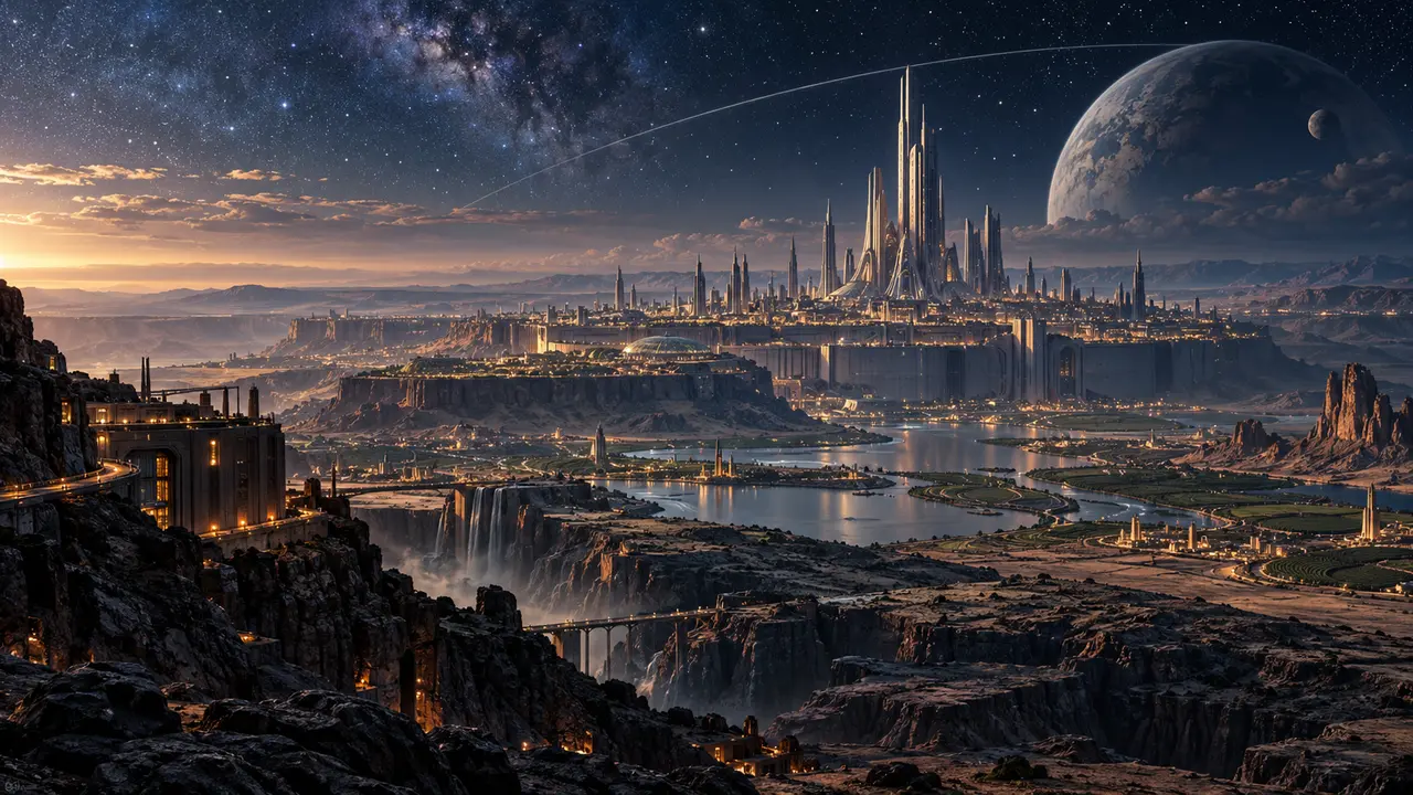 A distant imagined city glows on a dry plateau beneath a vast star-filled sky.