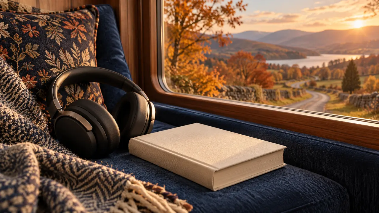 Headphones and a closed book rest on a window seat overlooking a distant road.