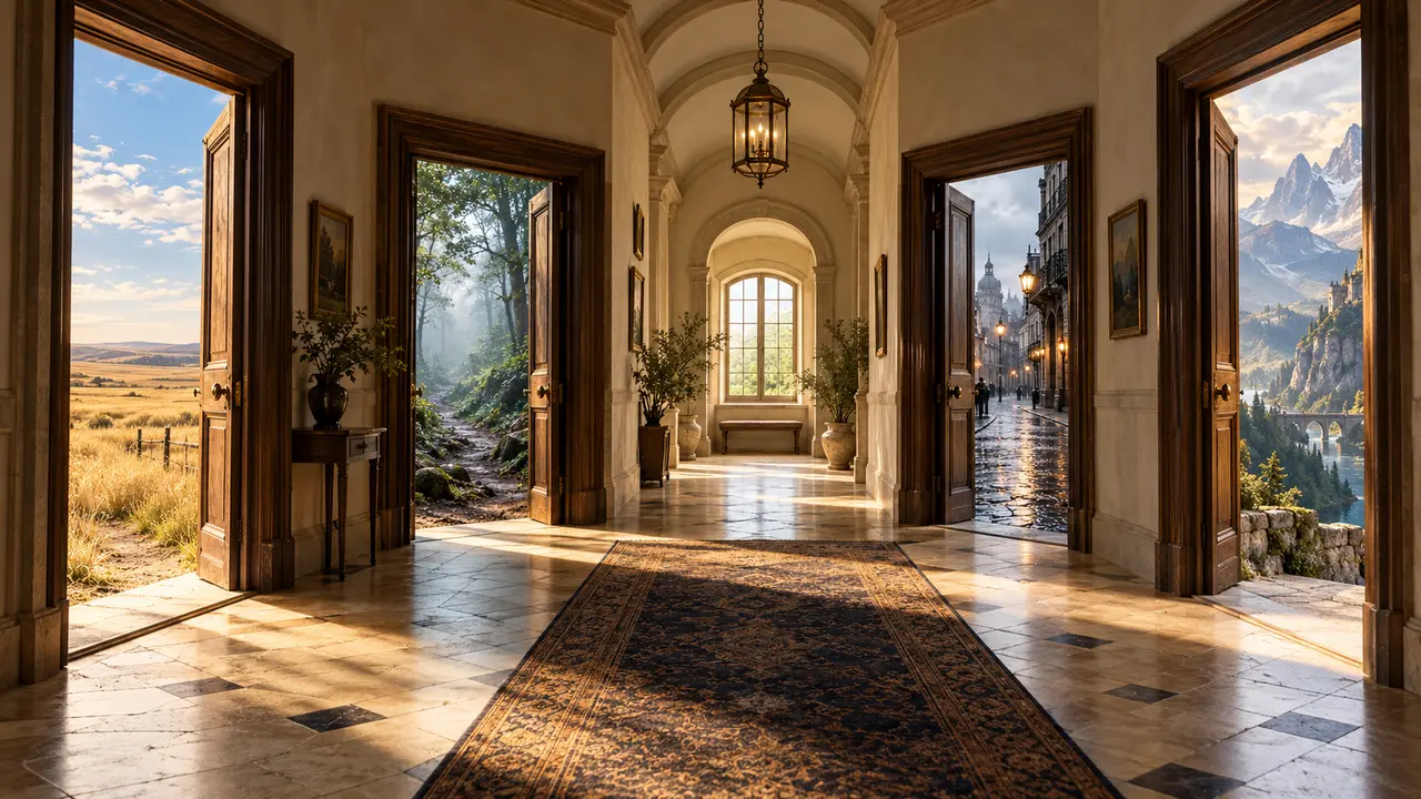 Open doors in a warmly lit corridor reveal a golden prairie, a woodland path, a city street and a mountain landscape.