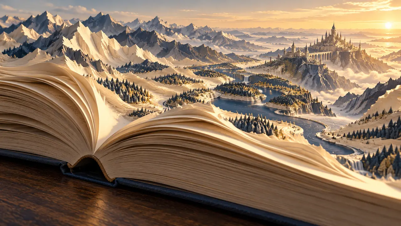 The layered pages of a thick open book become an imagined landscape of valleys and a distant city.